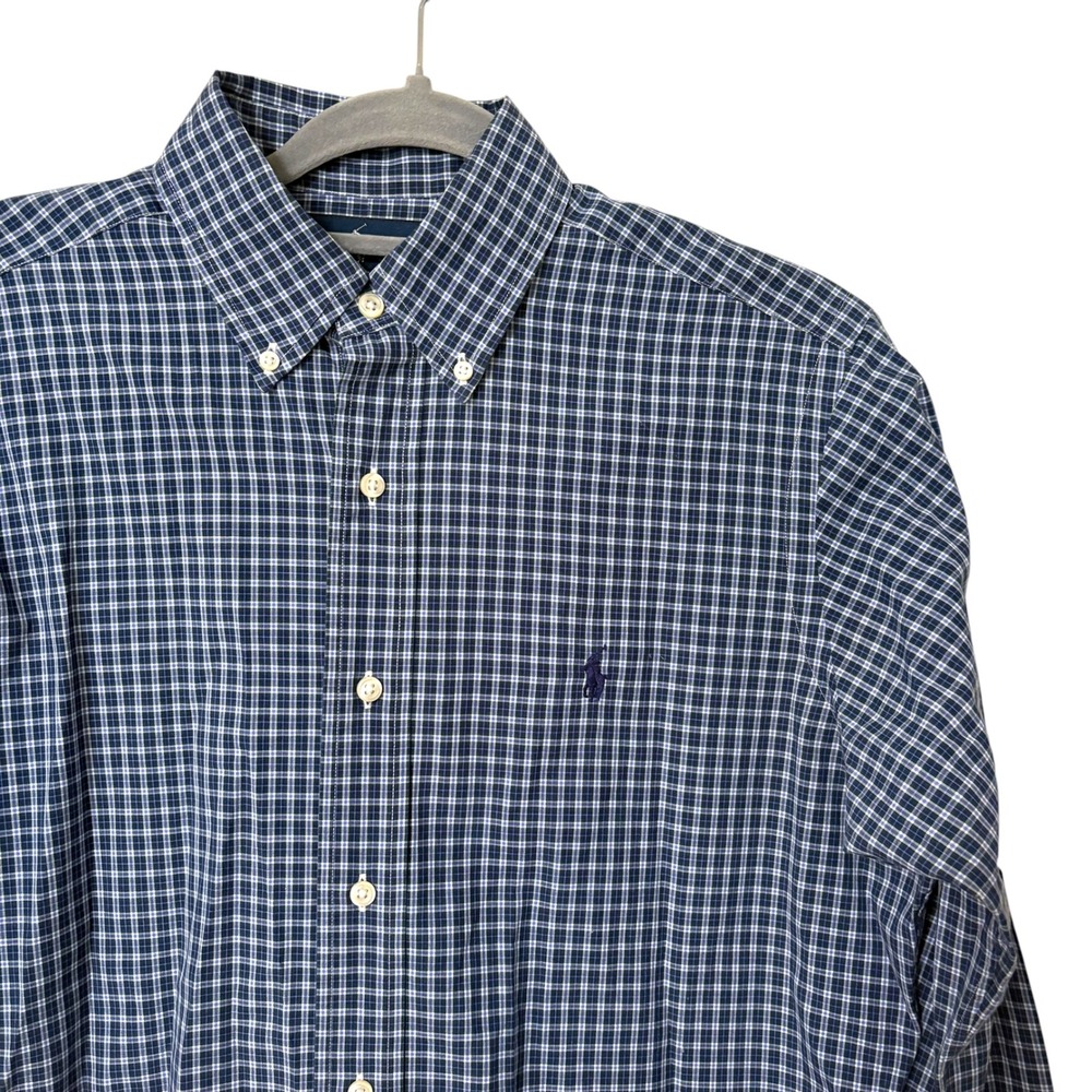Ralph Lauren Mens Small Button Down Shirt Navy Blue Plaid Classic Fit Preppy